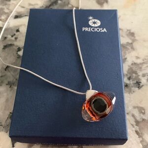 Preciosa Czech Glass Eye Shaped Pendant on a Silver Tone Necklace 17”